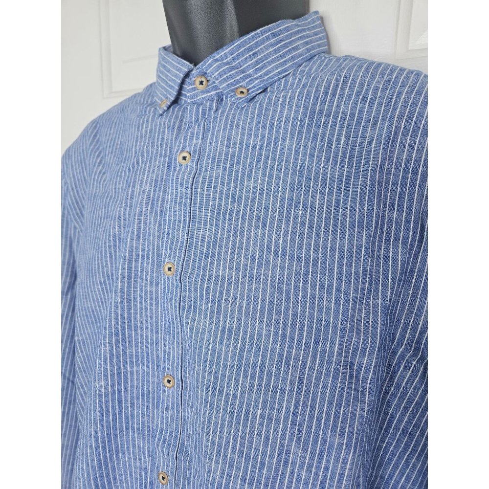 Zara Blue and White Striped Casual Button Down Shirt